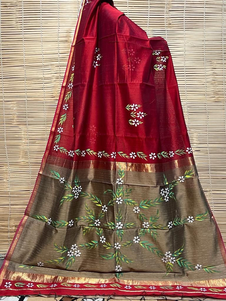 Maheshwari rewa border all over hand painted saree – townplatter